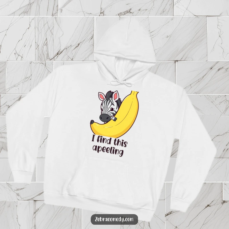 Funny hoodie depicting a curious zebra peeking mysteriously around a huge, colorful novelty banana, radiating pure fun.