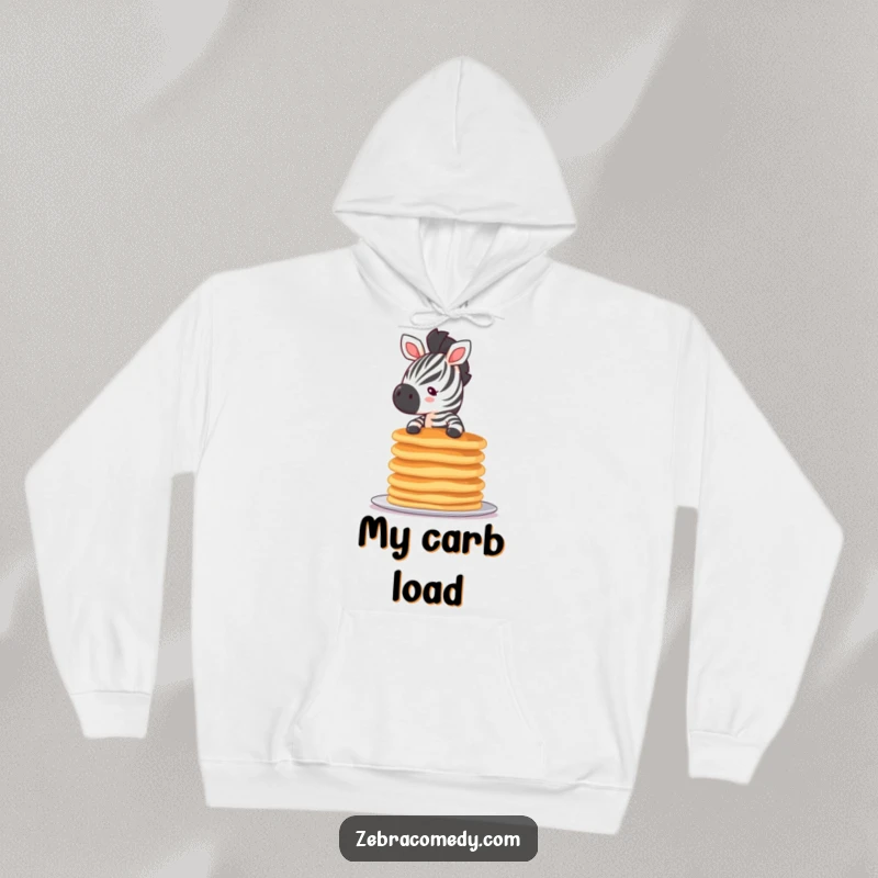 Funny tiny zebra hoodie depicting a small zebra struggling to balance a tall stack of pancakes, ideal for cozy, humorous moments.