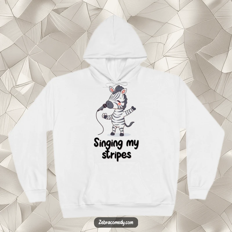 Funny Zebra Hoodie depicting a zebra in striped socks jiving energetically with a microphone, perfect for music lovers.
