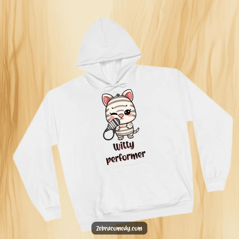 Funny Striped Microphone Hoodie: A mischievous striped character winks while balancing a microphone on its nose, radiating cool.