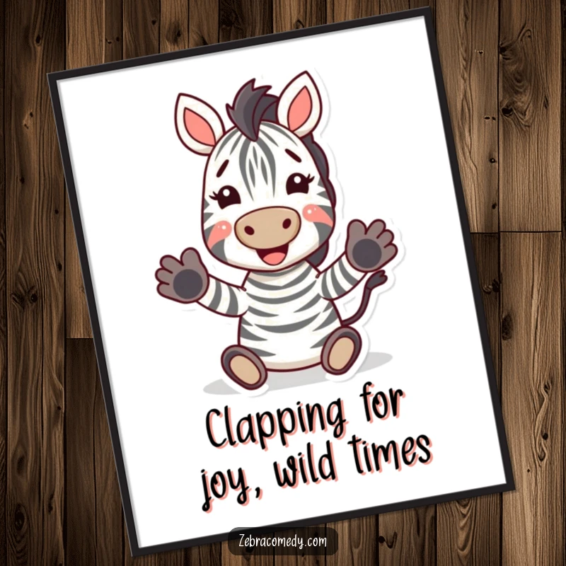 Funny Free Printable Wall Art: A zebra with a wide grin, hooves clapping ecstatically, radiating vibrant energy and amusement.