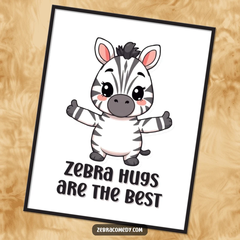 Funny Free Printable Wall Art featuring a fuzzy zebra character with arms wide open for a hug, cozy downloadable art.