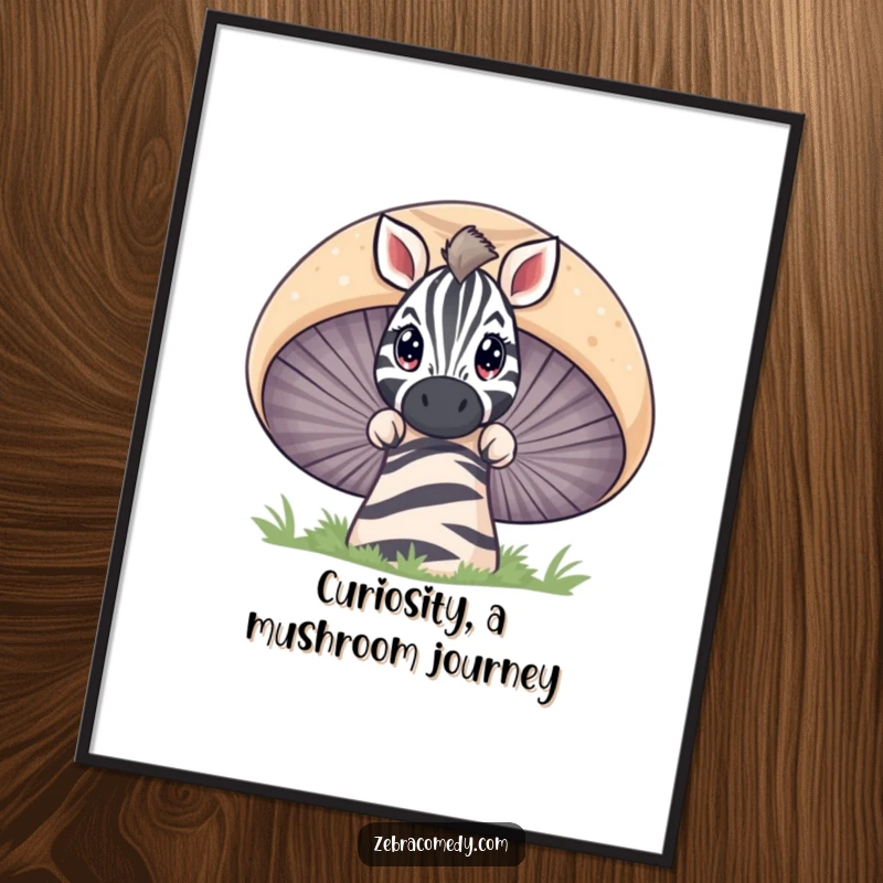 Funny Free Printable Wall Art: A curious zebra character with wide eyes peeks over a gigantic, colorful striped mushroom.