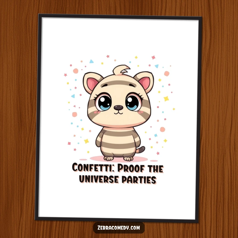 Funny Free Printable Wall Art: a curious striped character observes a vibrant, swirling galaxy filled with confetti, capturing a moment of cosmic wonder.