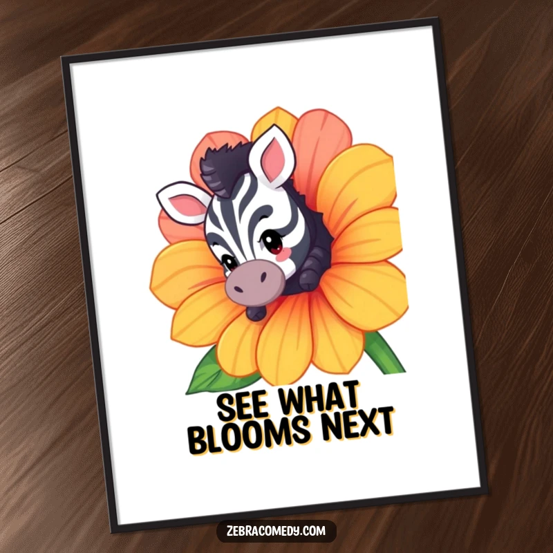 Funny Free Printable Wall Art: Curious zebra peeking from behind a large, colorful flower, whimsical downloadable art.