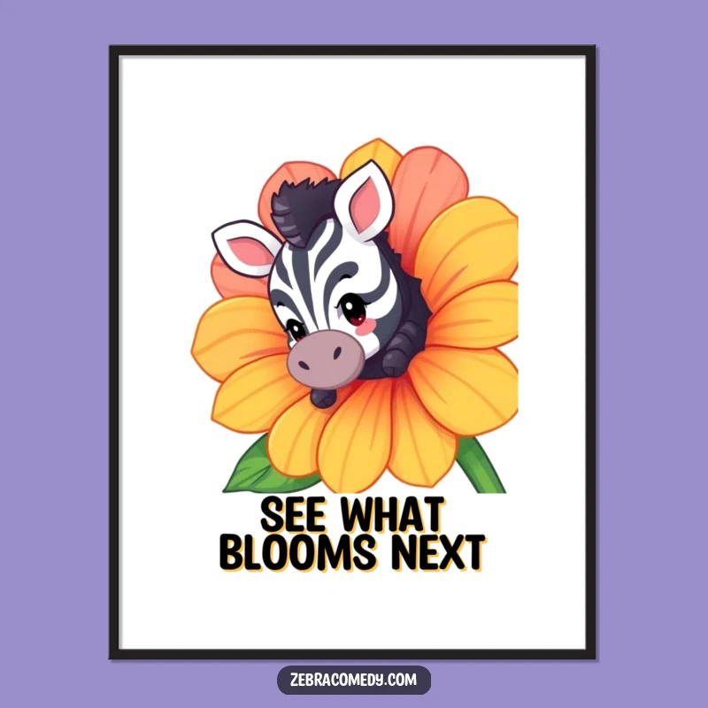 Free Printable Wall Art: Curious Zebra Behind Flower - Downloadable Whimsical Decor