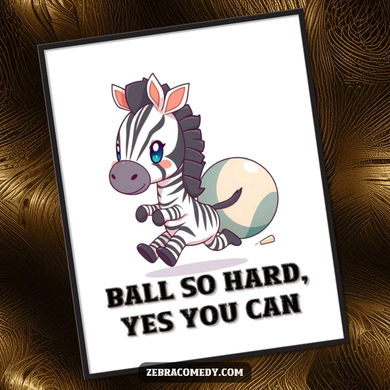 Funny Free Printable Wall Art: A spirited zebra with sparkling eyes chasing a large, bouncy ball with enthusiasm.