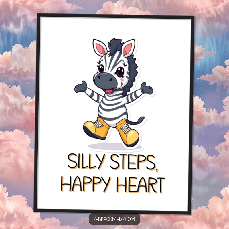 Funny Free Printable Wall Art: A zebra with oversized, comical shoes is performing a joyful, silly dance with a huge, wide grin.