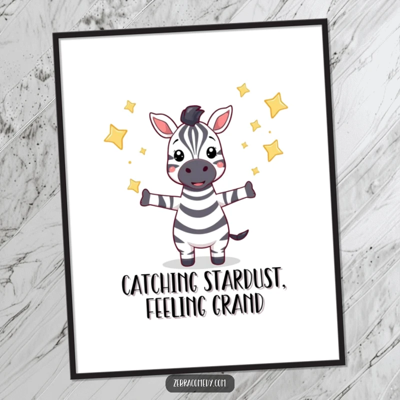 Funny Free Printable Wall Art: Zebra with arms wide catching falling sparkling stars, magical decor.