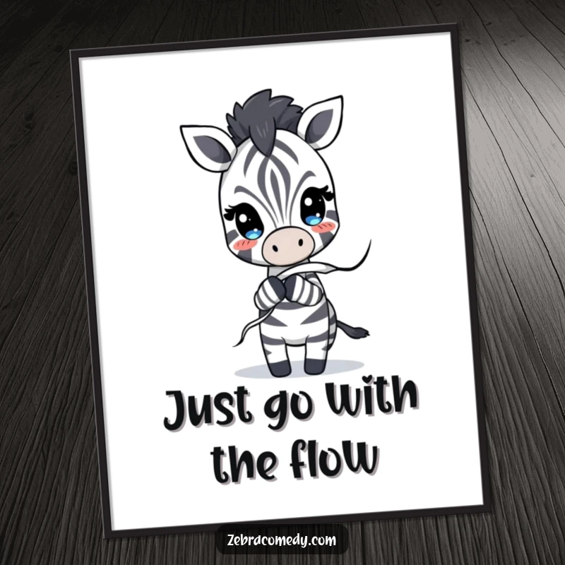 Funny Free Printable Wall Art: A zebra playfully pulling at a loose stripe that is unraveling down its body.