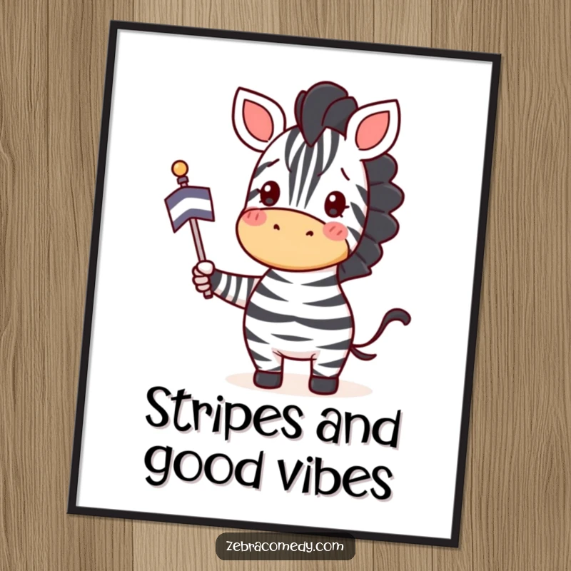 Funny Free Printable Wall Art: Enthusiastic zebra waving a small striped flag, radiating happiness and vibrant energy. A cheerful addition.