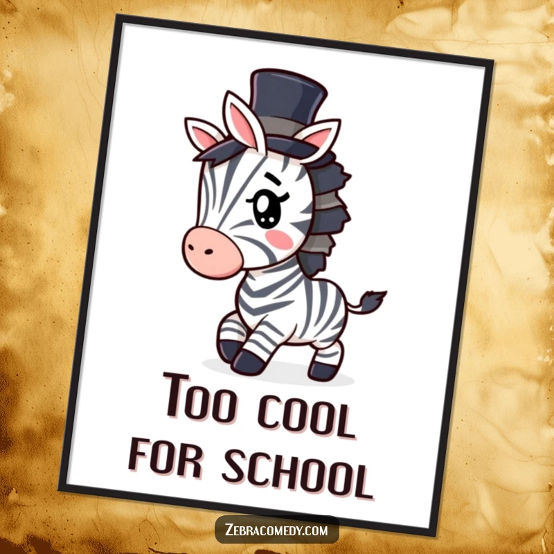 Funny Free Printable Wall Art: A stylish zebra wearing a small top hat, giving a secretive wink while tiptoeing playfully.