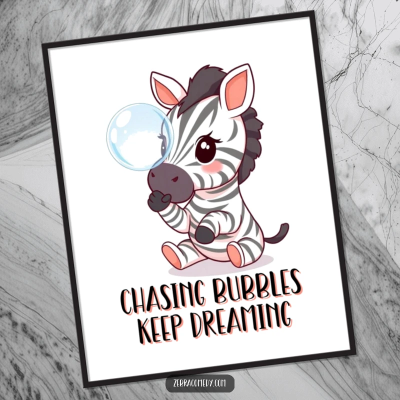 Funny Free Printable Wall Art: A charming zebra character with small paws playfully batting at a translucent, floating bubble, evoking childlike wonder.