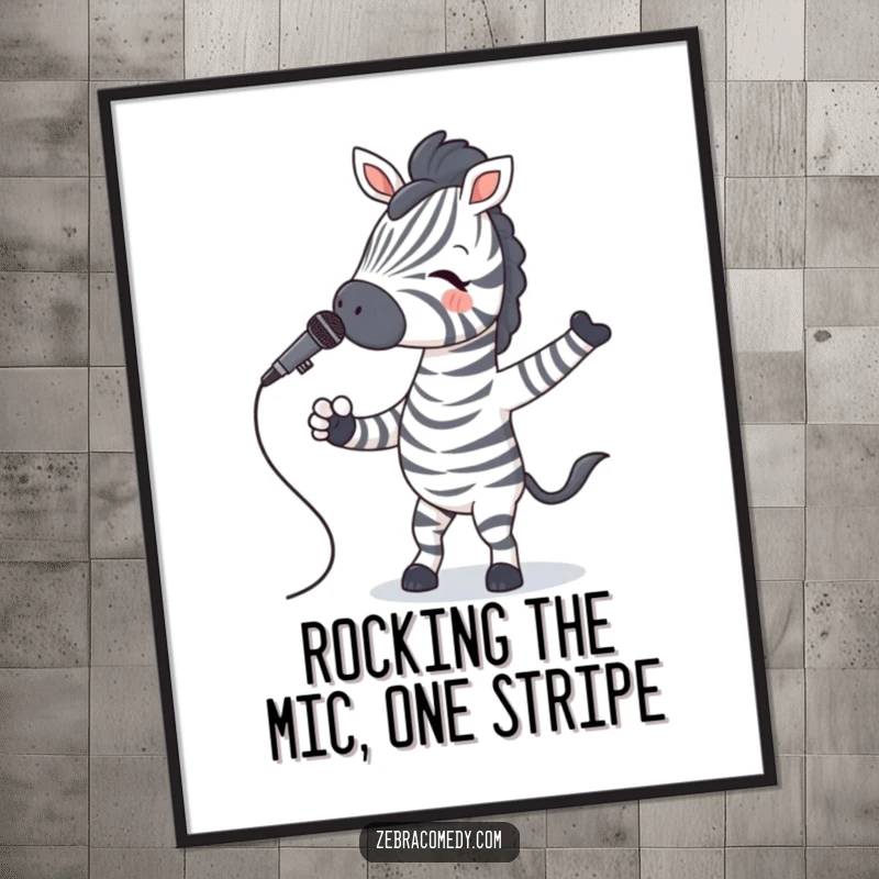 Funny free printable wall art: A zebra with striped socks performs a happy jig with a microphone, a musical downloadable delight.