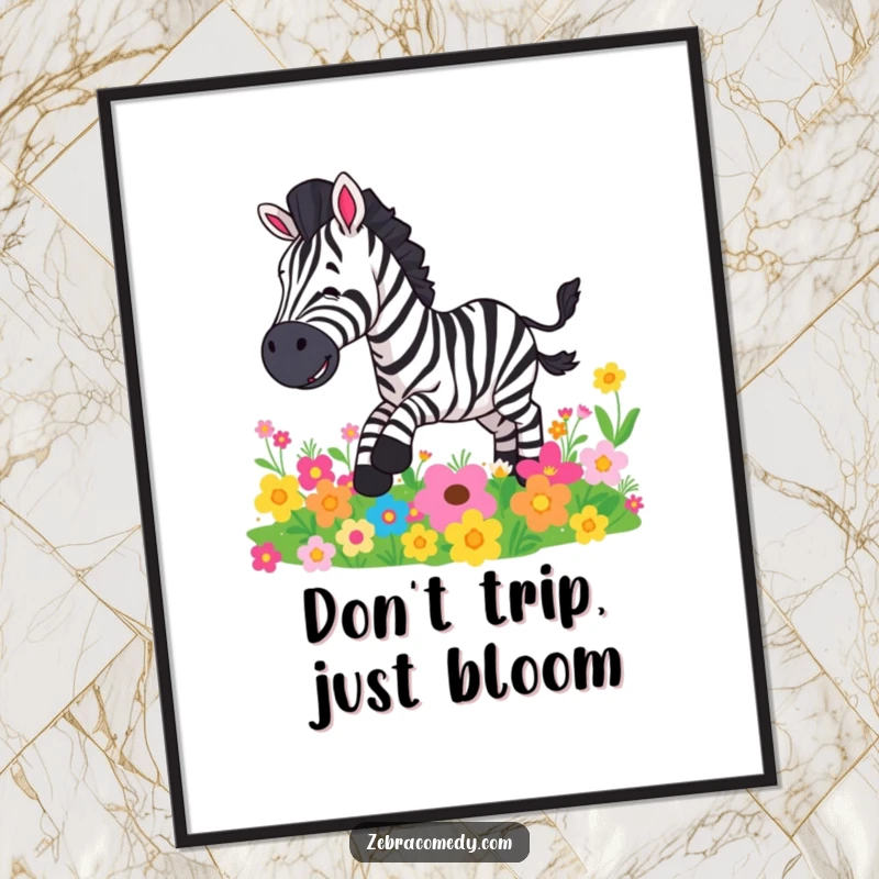 Funny Free Printable Wall Art: A zebra character hilariously slips and slides on a patch of colorful flowers.