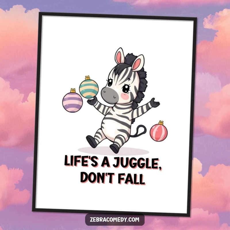 Funny Free Printable Wall Art: A zebra comically tripping and dropping striped baubles while attempting to juggle, pure hilarity.