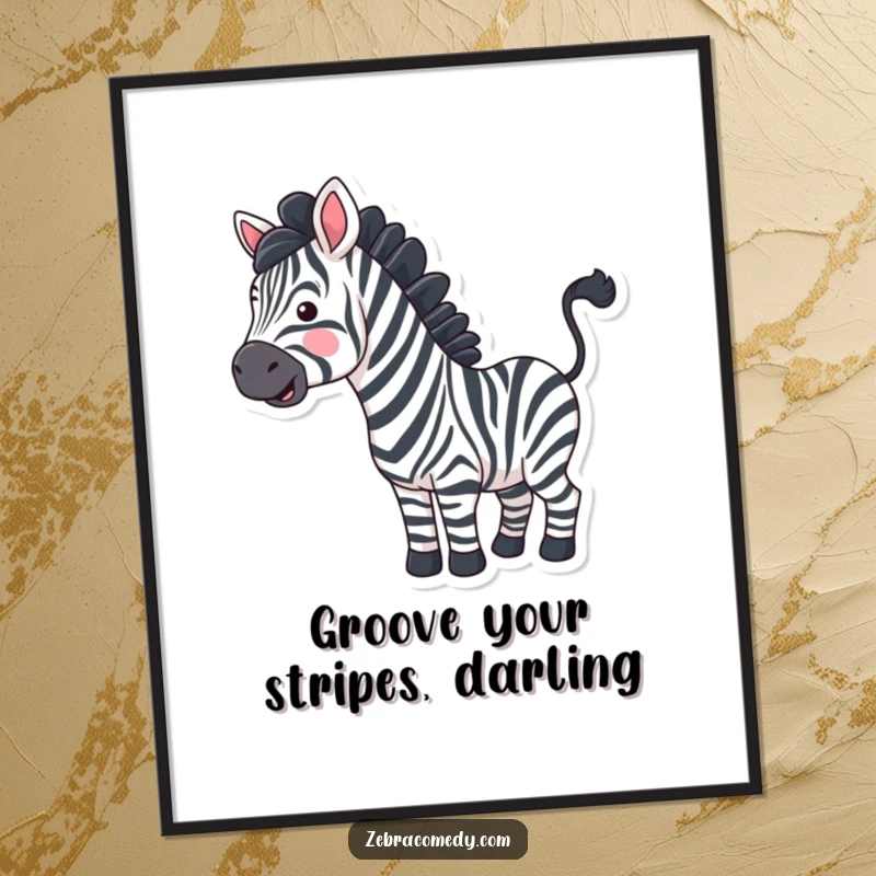 Funny free printable wall art: A cheerful zebra with exaggerated wavy stripes happily wiggling its tail.
