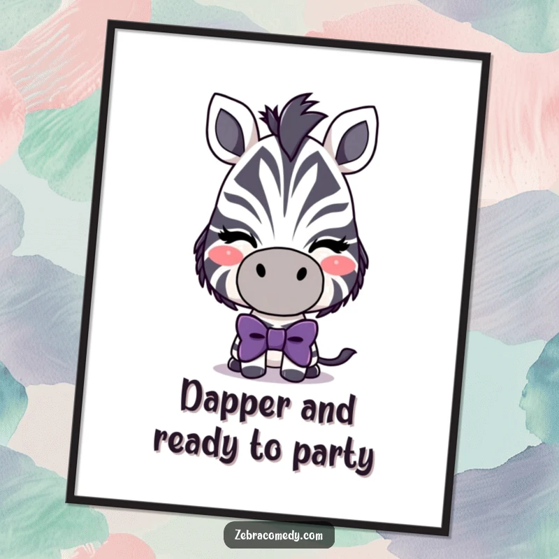 Funny Free Printable Wall Art: A stylish zebra character with a large, comical bowtie gives a friendly, playful wink.