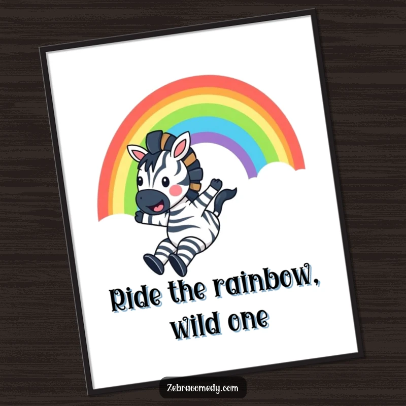 Funny Free Printable Wall Art: A joyous zebra slides dramatically down a colorful rainbow with an ecstatic expression.