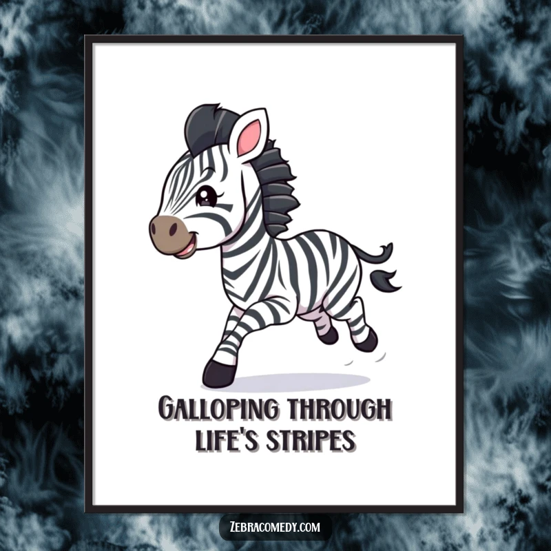 Funny Free Printable Wall Art: Depicts a zebra cub joyfully galloping, with bright streamers trailing dynamically.