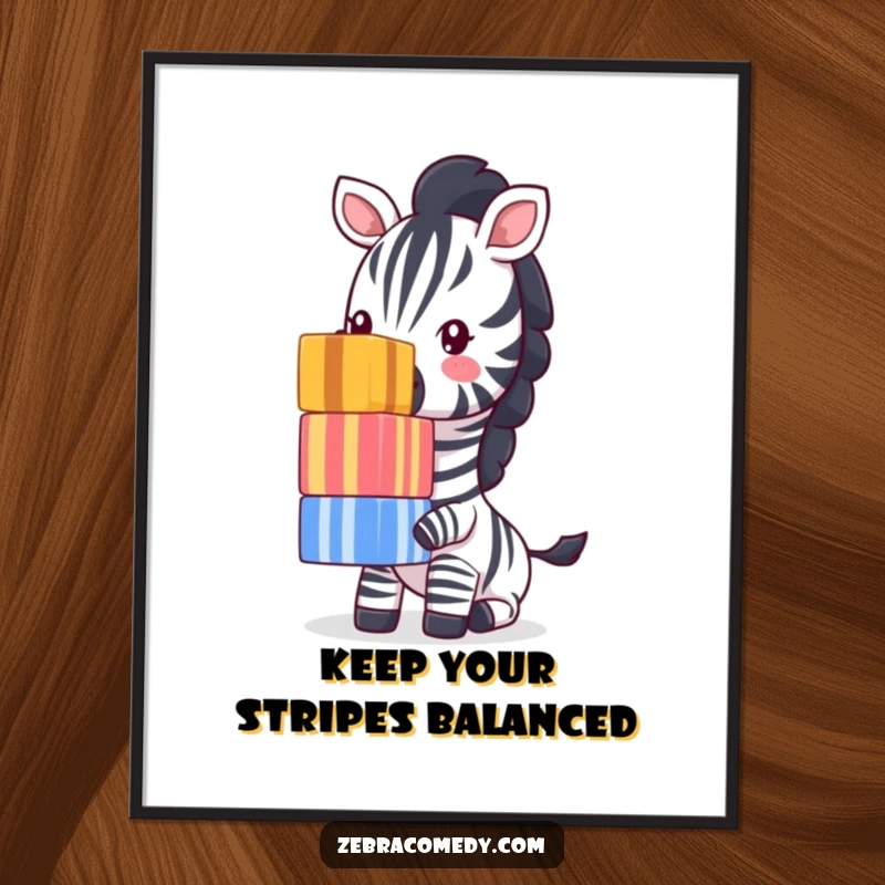 Funny Free Printable Wall Art: A comical zebra masterfully balances a tall stack of striped cubes on its nose.
