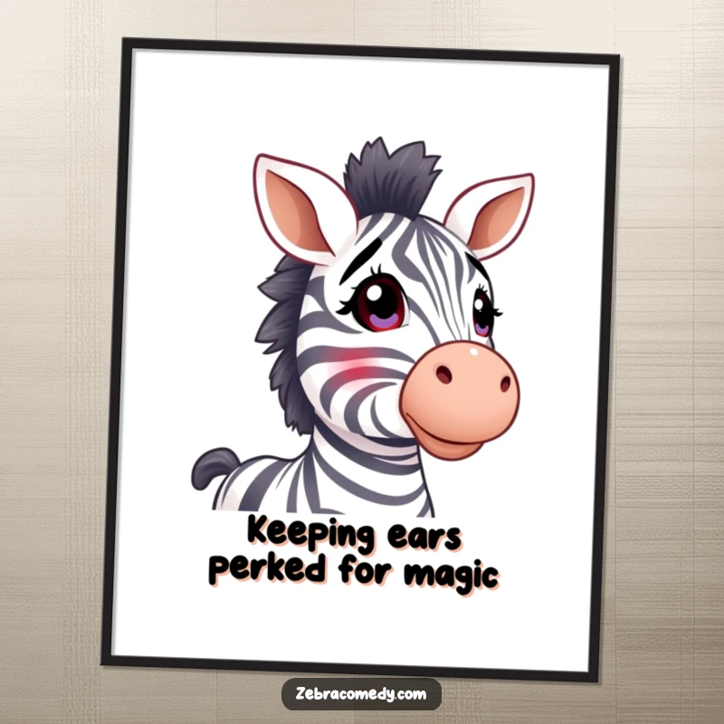 Funny Free Printable Wall Art: A cute zebra with perked stripy ears looking up with an expression of pure wonder.