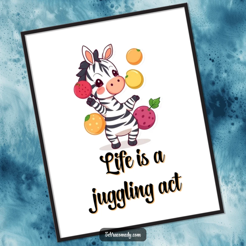 Funny Free Printable Wall Art: A joyful zebra character is impressively juggling three colorful fruits with excitement.