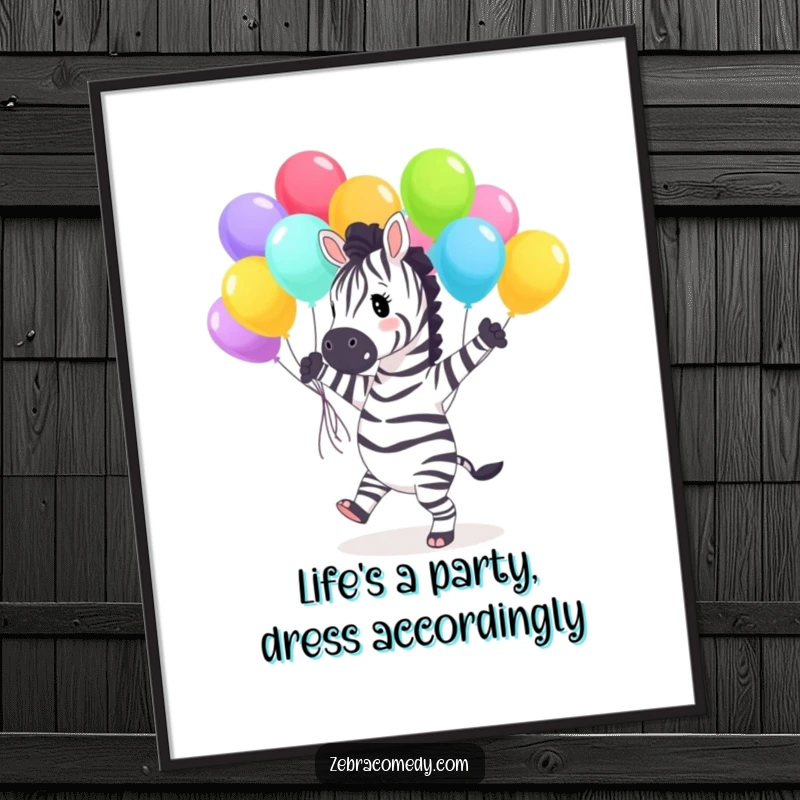 Funny Free Printable Wall Art: A joyous zebra dancing energetically with a large bunch of colorful balloons.