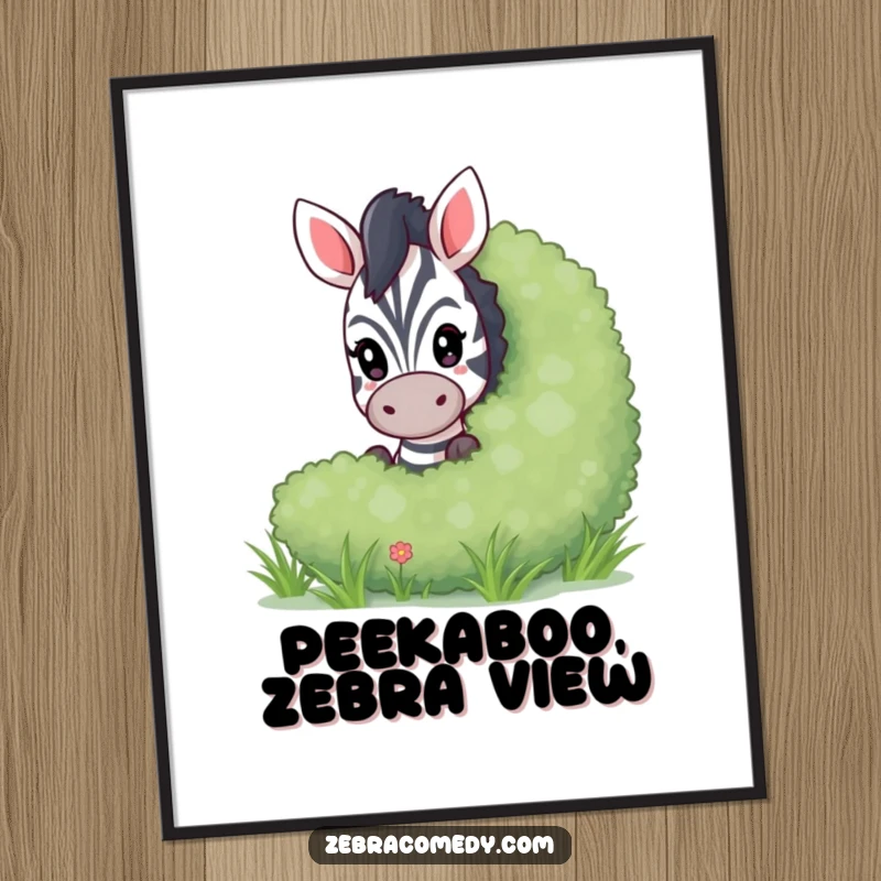 Funny Free Printable Wall Art with a playful zebra character peeking playfully from behind a large green bush, quirky downloadable art.
