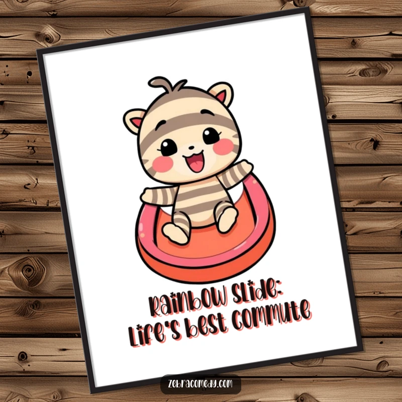 Funny Free Printable Wall Art: a striped character slides down a rainbow, capturing a moment of pure, unadulterated joy.