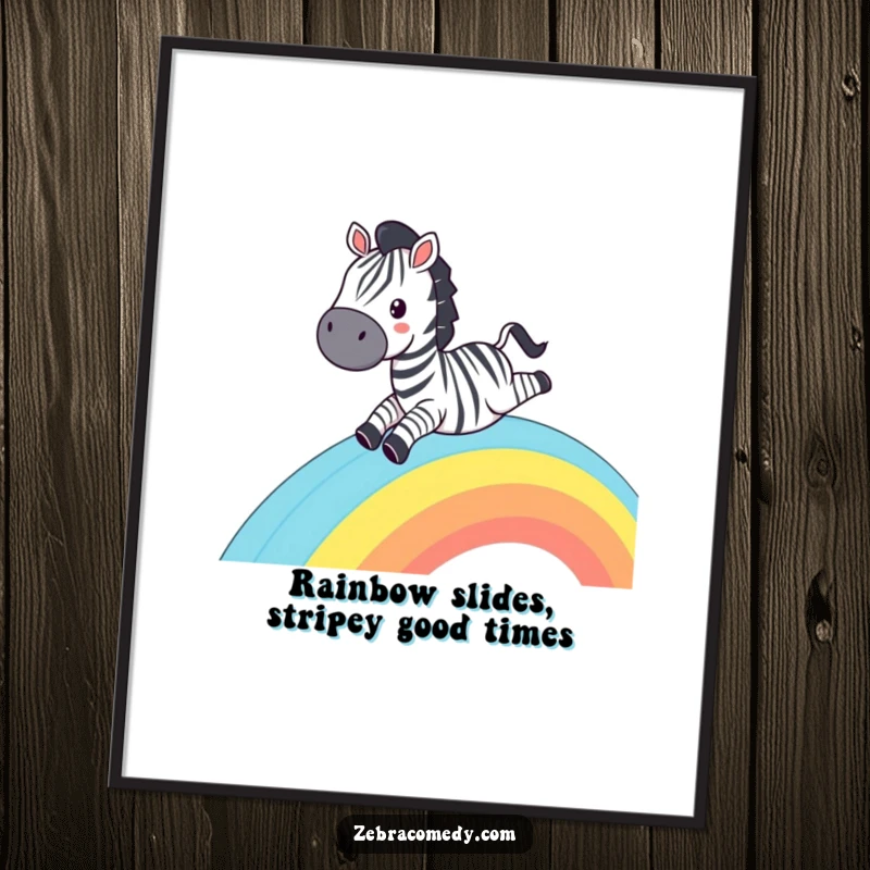 Funny Free Printable Wall Art: A grinning zebra comically sliding down a colorful striped rainbow, a scene of pure joy.