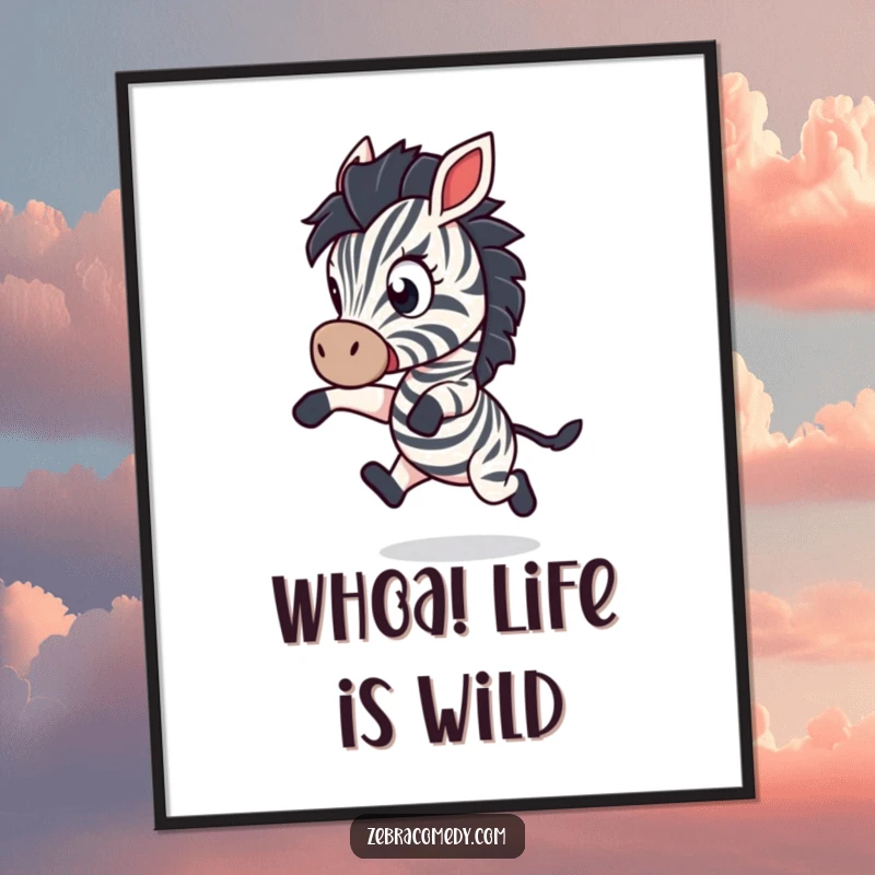 Funny Free Printable Wall Art: A zebra character comically leaping backwards, eyes wide with playful shock, creating a humorous focal point.