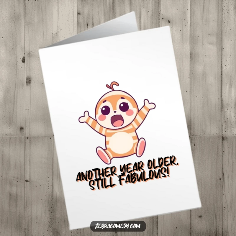 Funny Free Printable Birthday Card: Surprised striped character mid-air jump, perfect for a humorous downloadable gift.