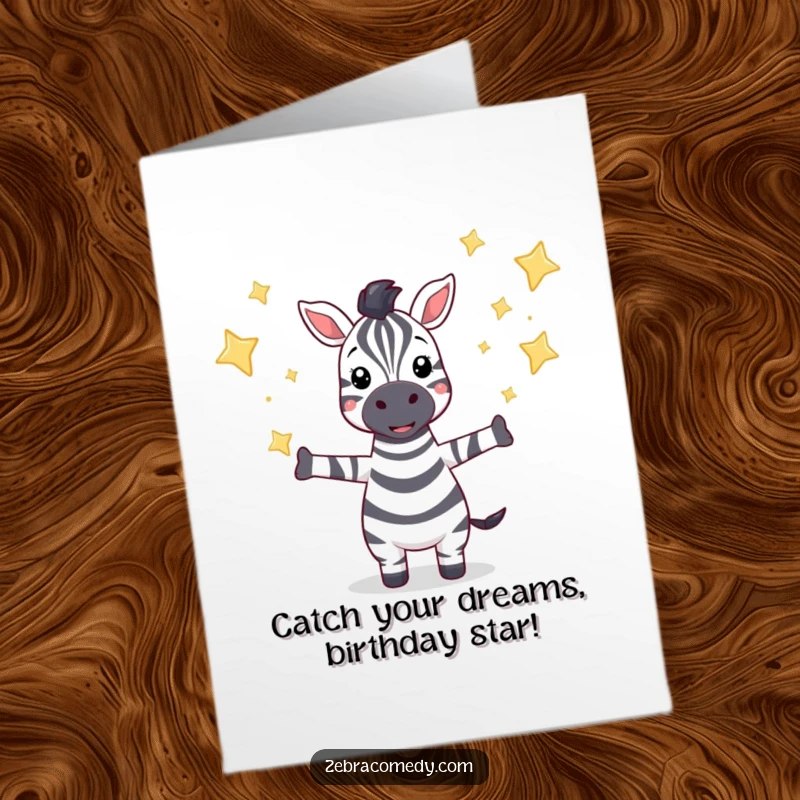 Funny Free Printable Birthday Card: Zebra catching sparkling stars, perfect for a magical, humorous gift.