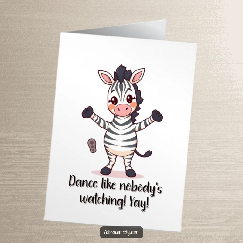 Funny Free Printable Birthday Card: A zebra character performs a hilarious silly dance with its legs crossed, radiating pure birthday joy.