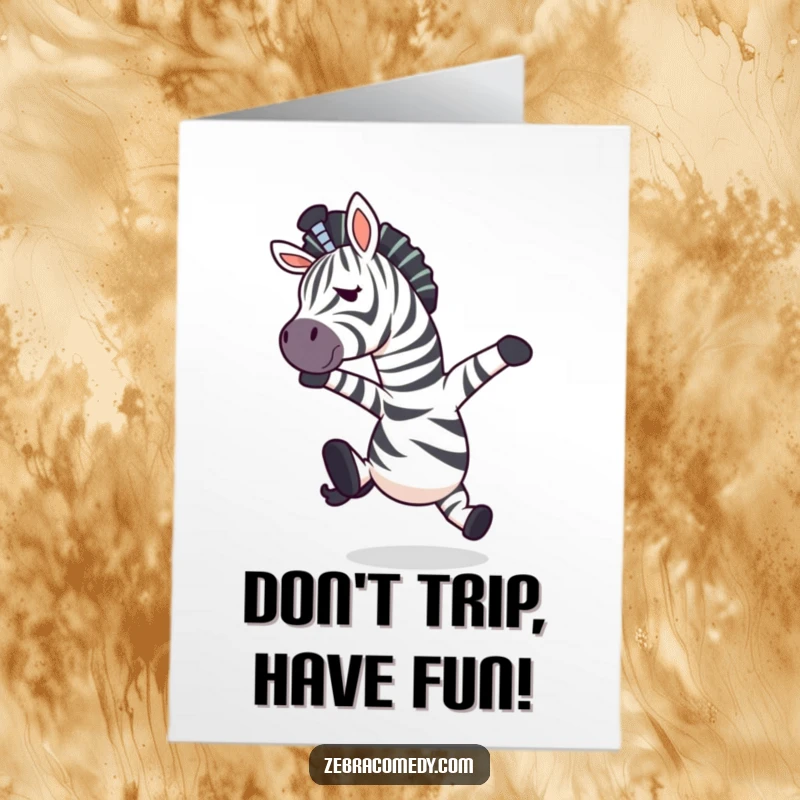 Funny free printable birthday card: A zebra character hilariously tripping but catching itself mid-air.