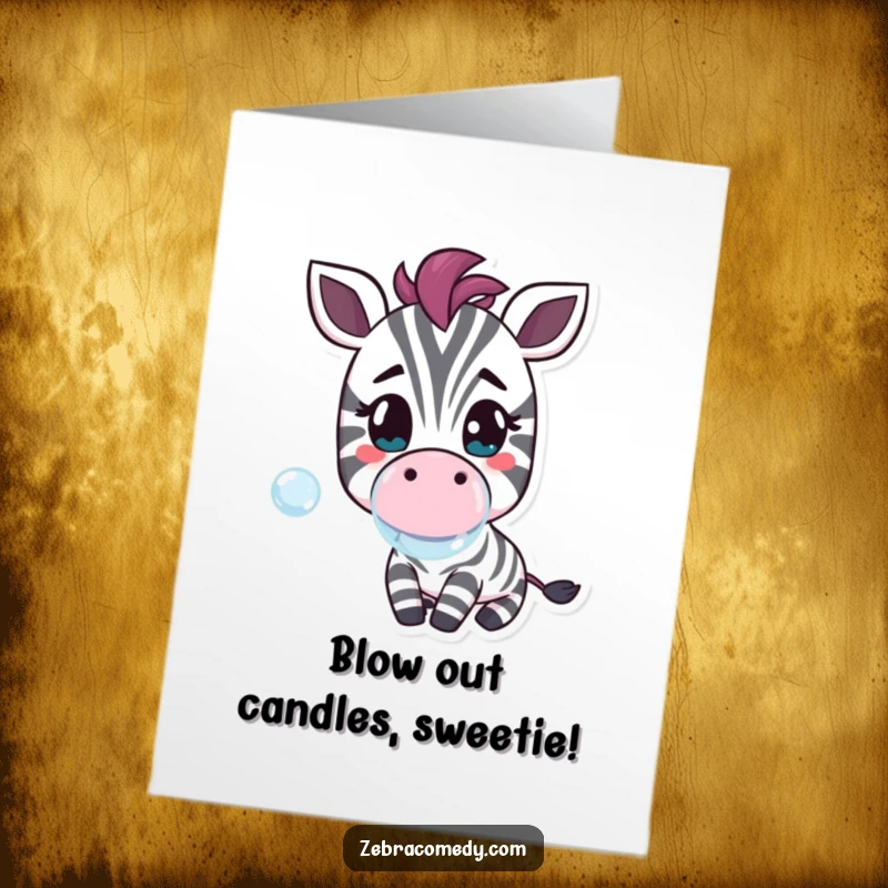 Funny Free Printable Birthday Card: Cheerful zebra character blowing a large, colorful bubble, perfect birthday downloadable gift.