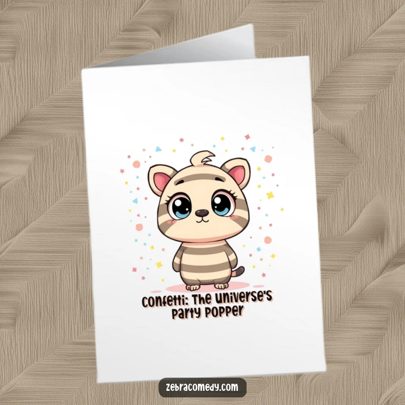 Funny Free Printable Birthday Card: a striped character with wide, curious eyes gazes in awe at a swirling galaxy of colorful confetti.