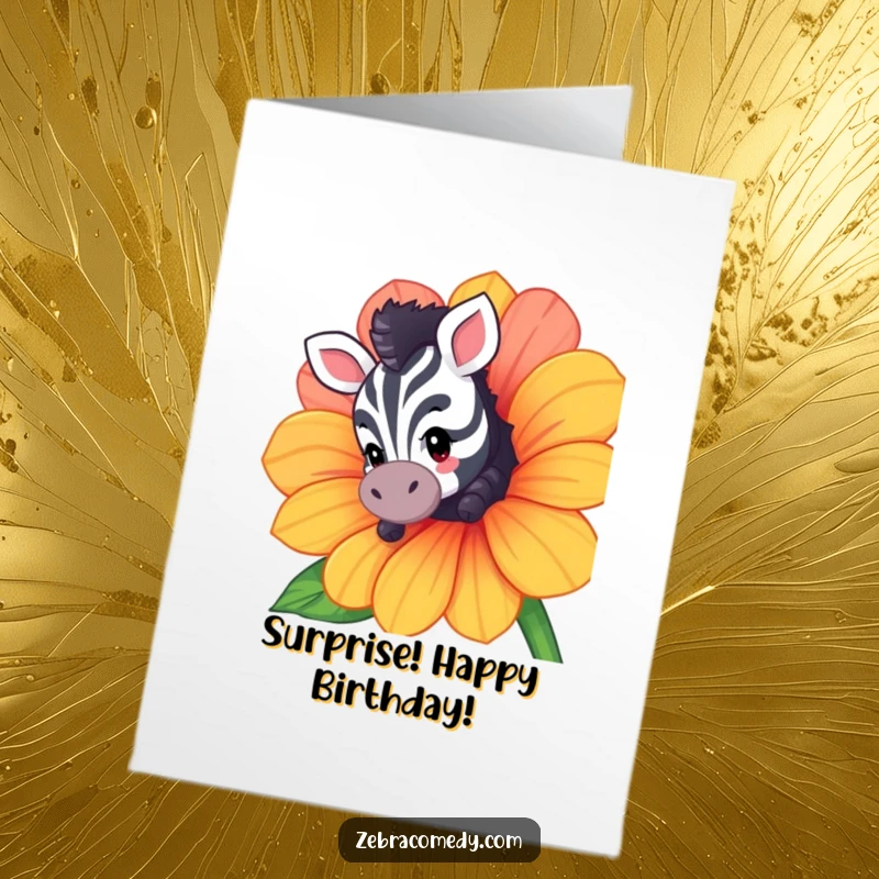 Funny Free Printable Birthday Card: Curious zebra peeks from behind a giant colorful flower, perfect birthday downloadable gift.