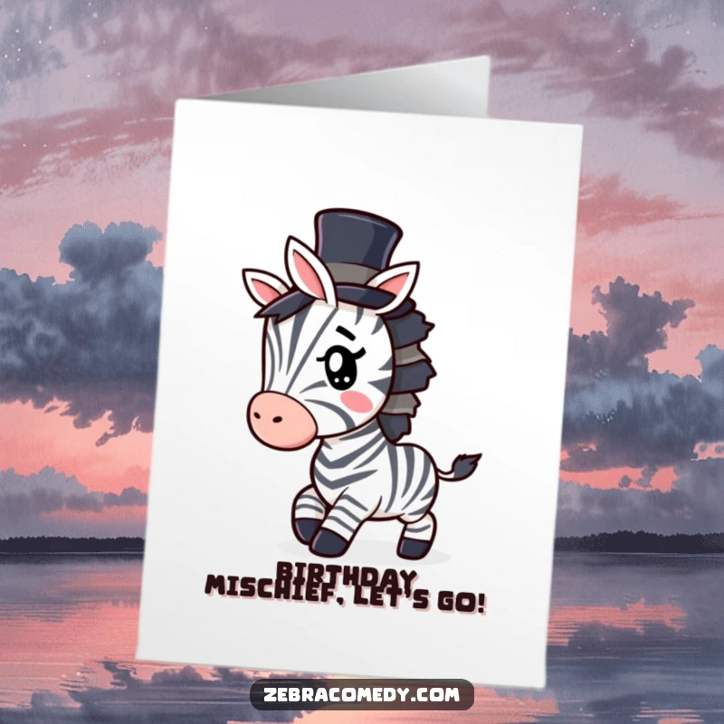 Funny Free Printable Birthday Card: A zebra in a tiny top hat, giving a sly wink while tiptoeing, ready for birthday mischief.