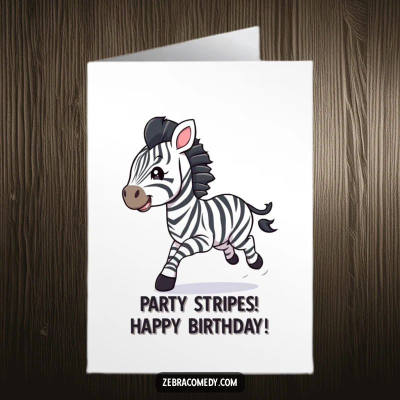 Funny Free Printable Birthday Card: A zebra cub joyfully gallops, with colorful streamers trailing in its wake.