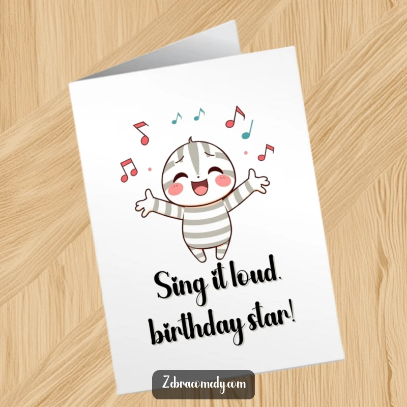 Funny Free Printable Birthday Card: a joyful striped character with arms wide open, surrounded by floating musical notes, celebrating happiness.