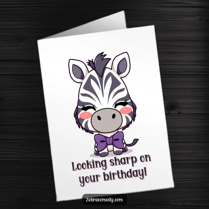 Funny Free Printable Birthday Card: Playful zebra character wearing a oversized, silly bowtie and giving a charming wink.