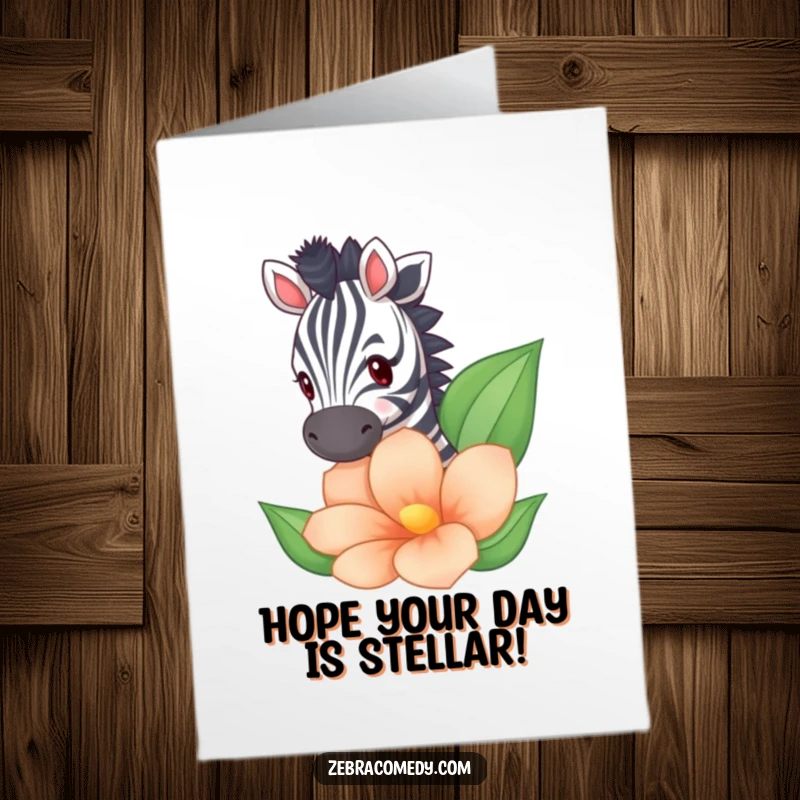 Funny free printable birthday card: A curious zebra peeking from behind a large, vibrant striped flower.