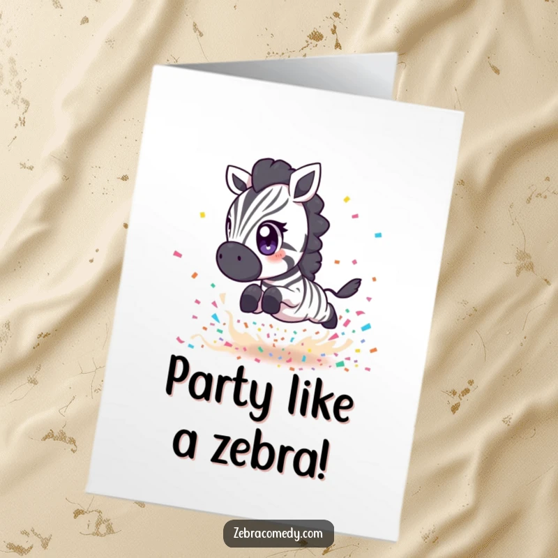 Funny Free Printable Birthday Card: Short zebra with big eyes leaping joyfully over a colorful explosion of confetti, perfect for parties.
