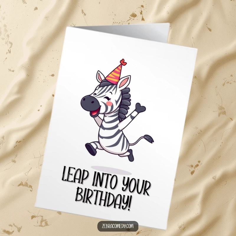 Funny free printable birthday card: A zebra with a tilted party hat leaps joyfully, radiating birthday happiness.