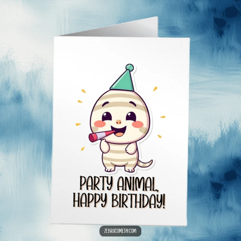 Funny Free Printable Birthday Card: Happy striped character in a party hat blowing a noisemaker.