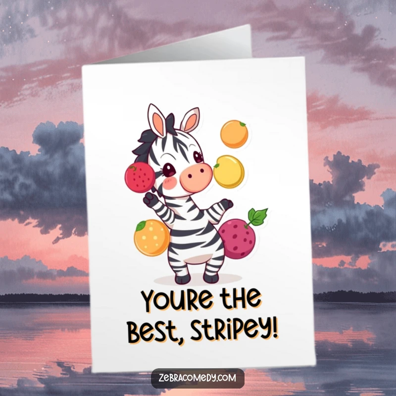 Funny Free Printable Birthday Card: Excited zebra character playfully juggling three colorful fruits with a big grin.