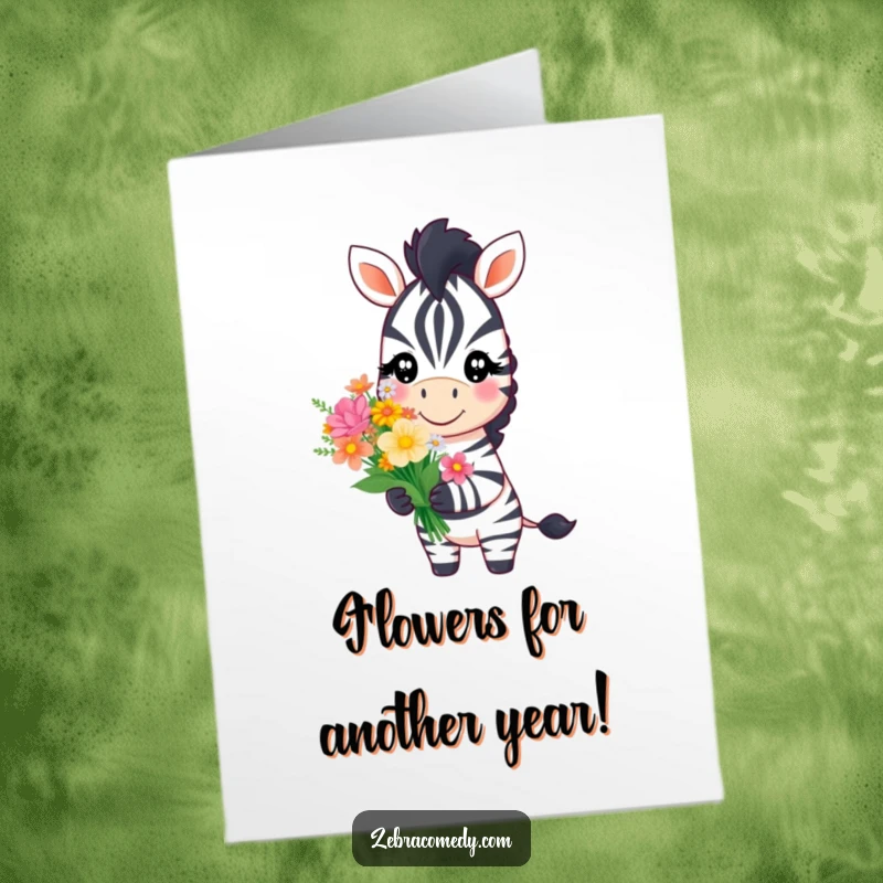 Funny Free Printable Birthday Card: A zebra with a sweet smile offers a beautiful bouquet of flowers, perfect for celebrations.