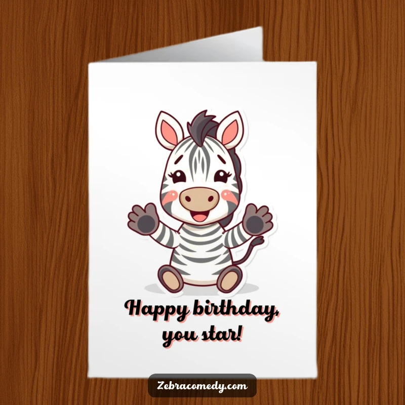 Funny Free Printable Birthday Card: A zebra with a huge smile, hooves clapping enthusiastically, celebrating a birthday with pure delight.